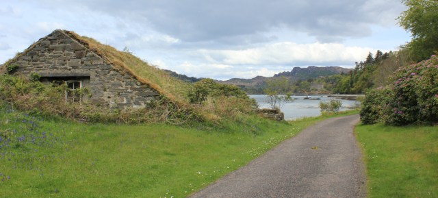 26 derelict building, Ruth walking towards Tioram Castle, Scotland