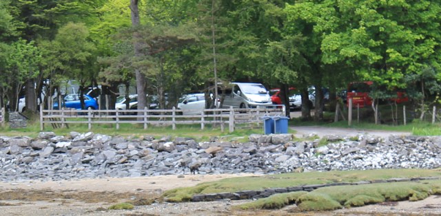 32 crowded carpark, Ruth walking towards CastleTioram. Doirlinn, Scotland