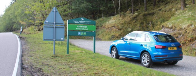 01 carpark at Ardmolich, Ruth hiking in Moidart, Scotland