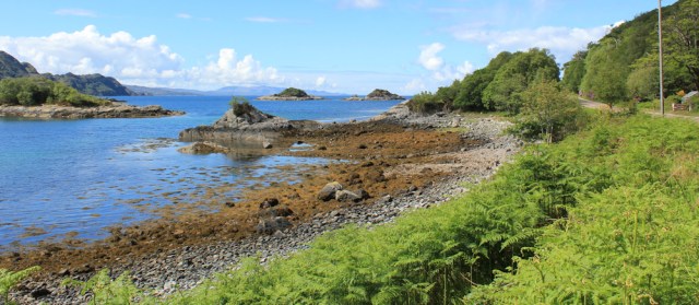 19 view over islands in Loch non Uamh, Ruth walking to Arisaig, Scotland