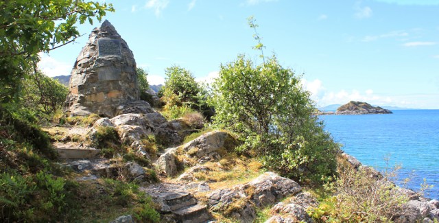 21 The Prince's Cairn by the sea, Ruth walking to Arisaig, Scotland