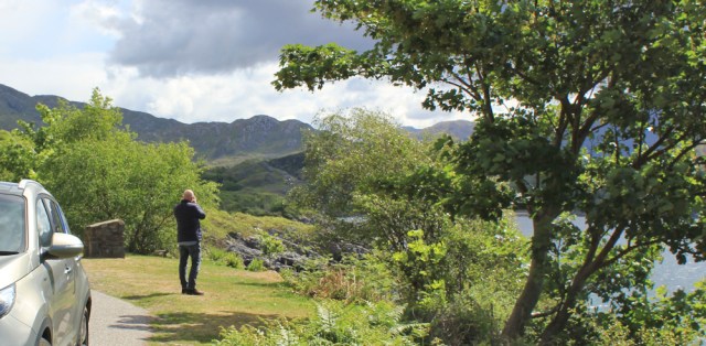 22 parking spot for the Prince's Cairn, Ruth walking to Arisaig, Scotland