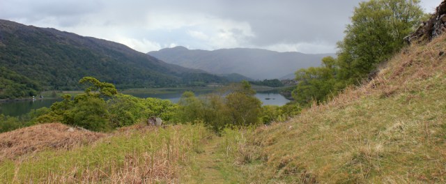 22 rainclouds over top of loch Moidart, Ruth hiking around the coast of Scotland