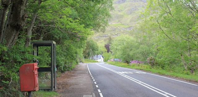 53 Lochailort road, postbox and bus stop, Ruth walking around Scotland