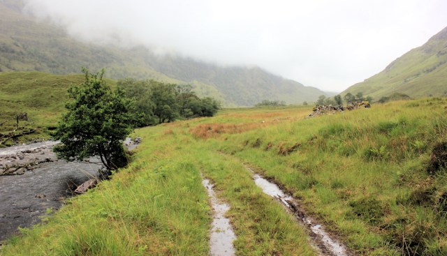 02 mist over hills, Ruth walking down Gleann Dubh Lochain, Scotland
