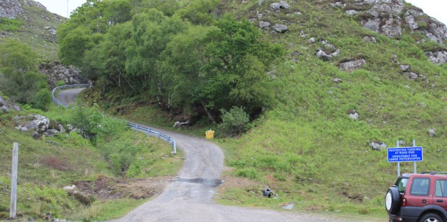 05 vehicle warning sign, Ruth walking around Loch Morar