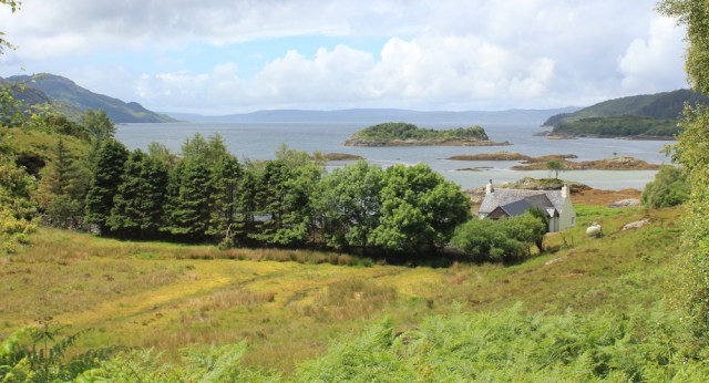 05 view over Rarsaidh, Ruth walking the Scottish coast from Arnisdale to Sandaig