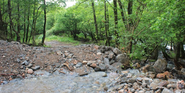 15 slippery path with water, Ruth walking down Glen Arnisdale to Corran