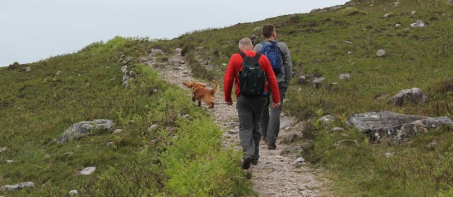 17 hikers on path, Ruth walking along the shore of Loch Morar