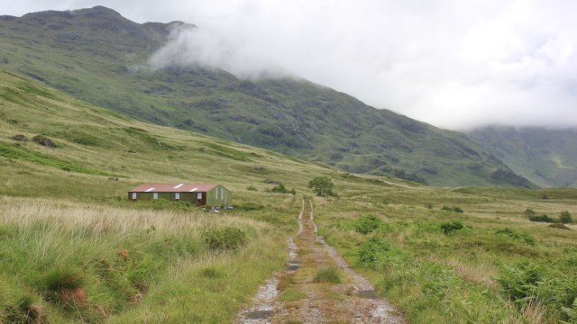 20 cattle barn, Ruth hiking across Knoydart, Scotland