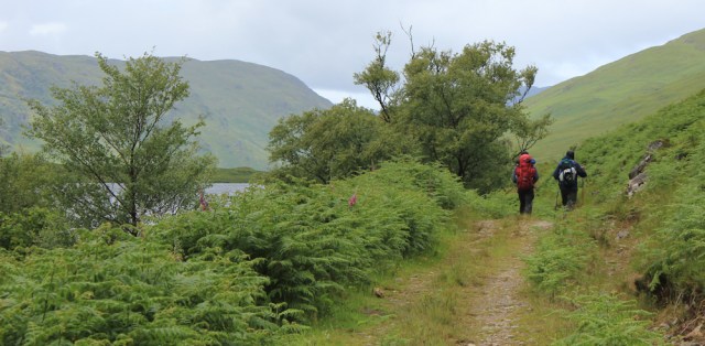 25 two hikers, Loch an Dubh-Lochain, Ruth trekking across Knoydart, Scotland