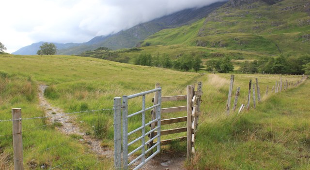 29 through a gate, Ruth walking down Glen Arnisdale to Corran