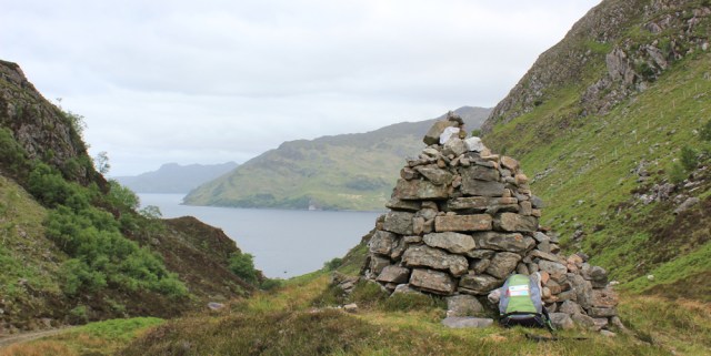 30 sheltering behind the cairn, Glen Tarbet, Ruth's coastal walk around Scotland