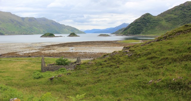 30 view of ruined building and Loch Hourn, Ruth walking the coast of Knoydart, Scotland