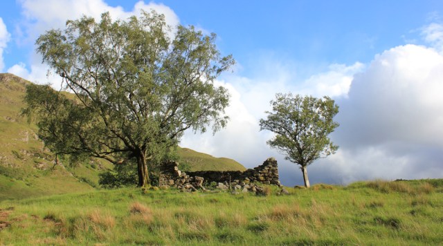 31 ruined building and sunshine, Ruth walking down Glen Arnisdale to Corran