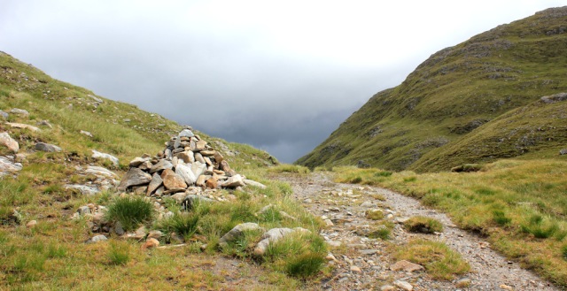 32 cairn at the top of the pass to Barrisdale, Ruth hiking across Knoydart, Scotland