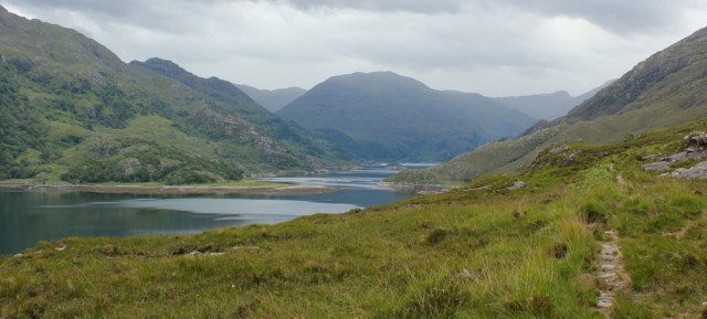 32 view up Loch Hourn, Ruth walking the coast of Knoydart, Scotland