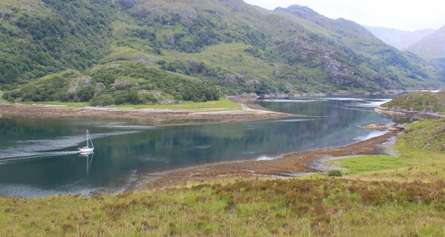 34 sailing ship, Loch Hourn, Ruth walking the coast of Knoydart, Scotland