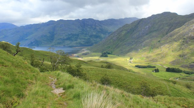 35 view of Barrisdale Bay, coming down from Mam Barrisdale, Ruth hiking in Scotland
