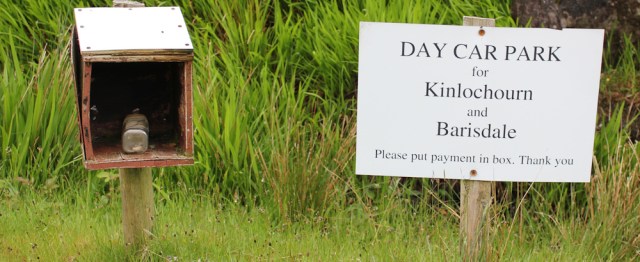59 honesty box, Kinlochhourn carpark, Ruth walking round the coast of Scotland