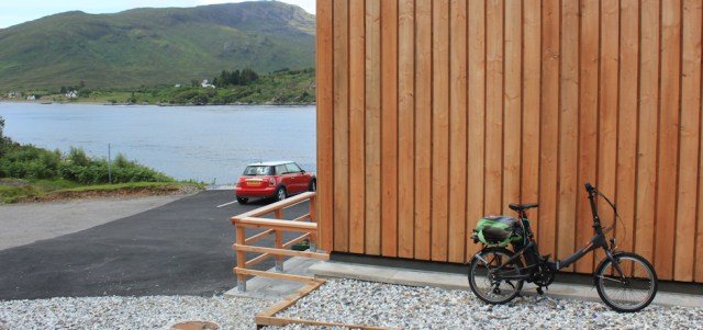 01 Scooty at the ferry terminal, Ruth walking round the coast of Glenelg, Scotland