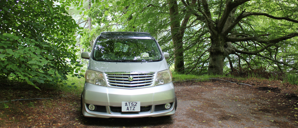 01 The Beast in parking spot, Totaig, Ruth walking the coast of the Glenelg Peninsula, Scotland