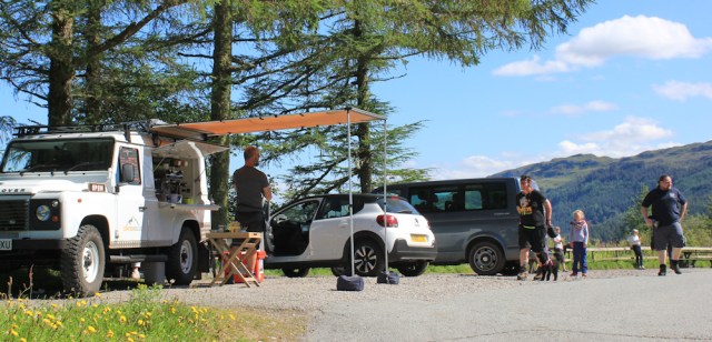 04 coffee in layby, above Strome Ferry, Ruth walking the shore of Loch Carron