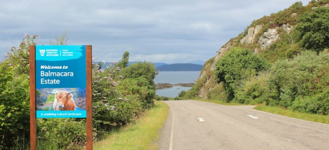 11 sign for Balmacara estate, road to Plockton, Ruth walking the coast of the Scottish Highlands