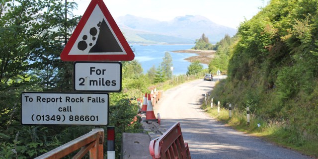 12 Rock falls for two miles, Ardnarff, Ruth walking the shore of Loch Carron