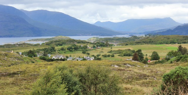 20 view over Drumbuie, Ruth walking the coast of the Scottish Highlands