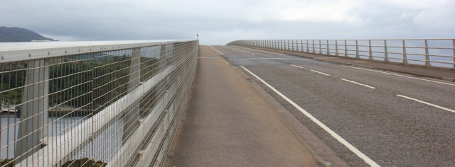 21 on the bridge, Ruth crossing Skye Bridge, coastal walk