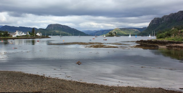 40 Plockton Beach at high tide, Ruth walking the coast of the Scottish Highlands