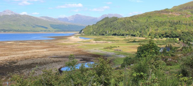 54 mouth of the River Attadale, Ruth walking the shore of Loch Carron