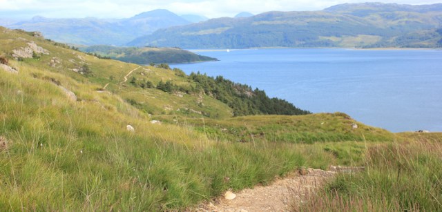 59 view looking back, Loch Alsh, to Kyle, Ruth hiking the Scottish coast