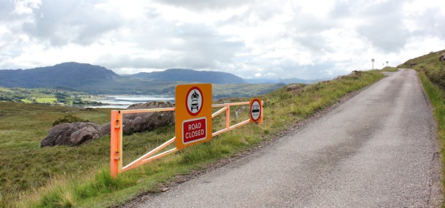 17 passing the road-closed barriers, Applecross Pass, Ruth's coastal walk Scottish Highlands