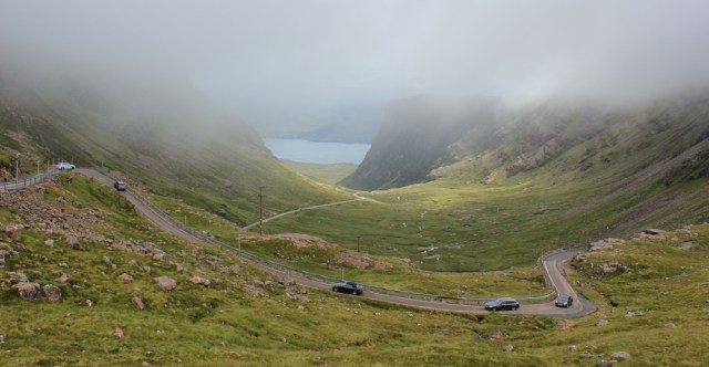 26 traffic snaking up the hairpin bends, Applecross Pass, Ruth's coastal walk Scottish Highlands