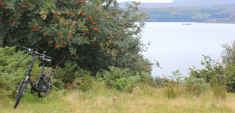 01 Scooty bike at Kenmore, Ruth walking the south bank of Loch Torridon, Scotland