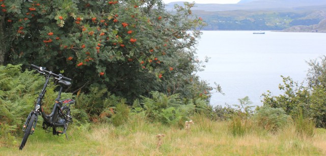 01 Scooty bike at Kenmore, Ruth walking the south bank of Loch Torridon, Scotland