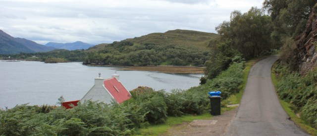 22 red-roofed house, Ruth walking the south bank of Loch Torridon, Scotland