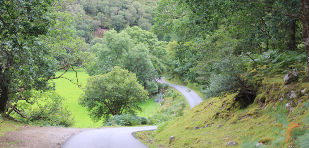 23 twisting road to Sheldaig, Ruth walking the south bank of Loch Torridon, Scotland
