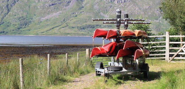 29 kayaks or canoes, shore of Loch Torridon, Ruth Hiking to Annat, Scotland