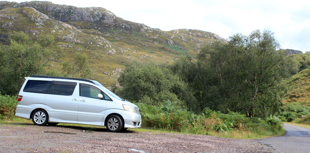 42 The parked Beast, Kenmore, Ruth hiking the north coast of Applecross, Scotland