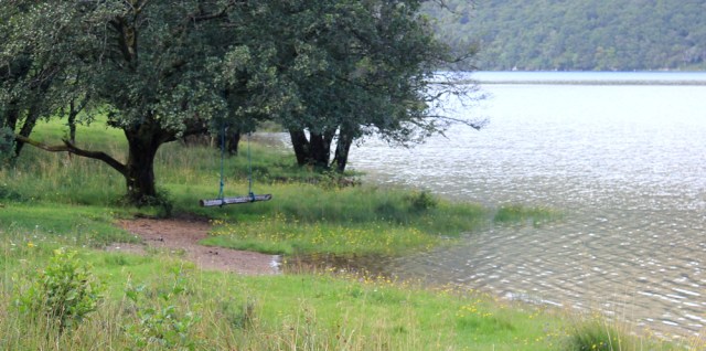 07 swing by Loch Arienas, Ruth hiking across the Morvern Peninsula, Scotland