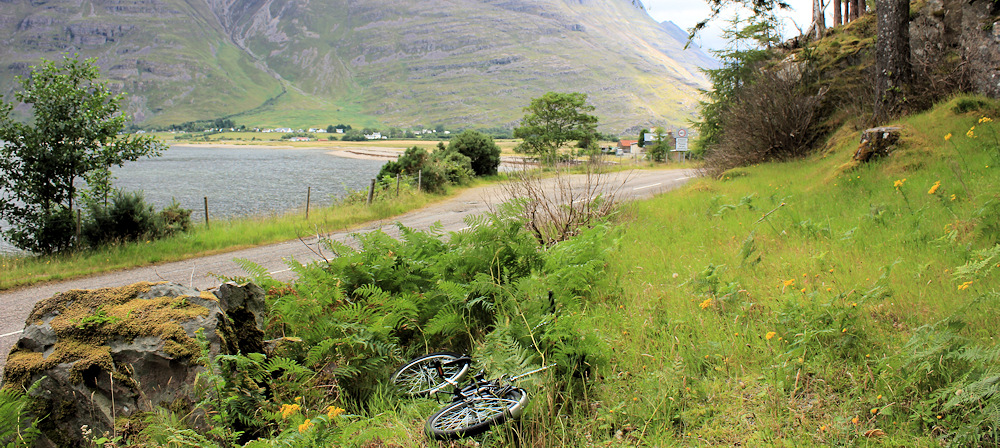 001 The Monster bike at Annat, Ruth walking the coast of Scotland